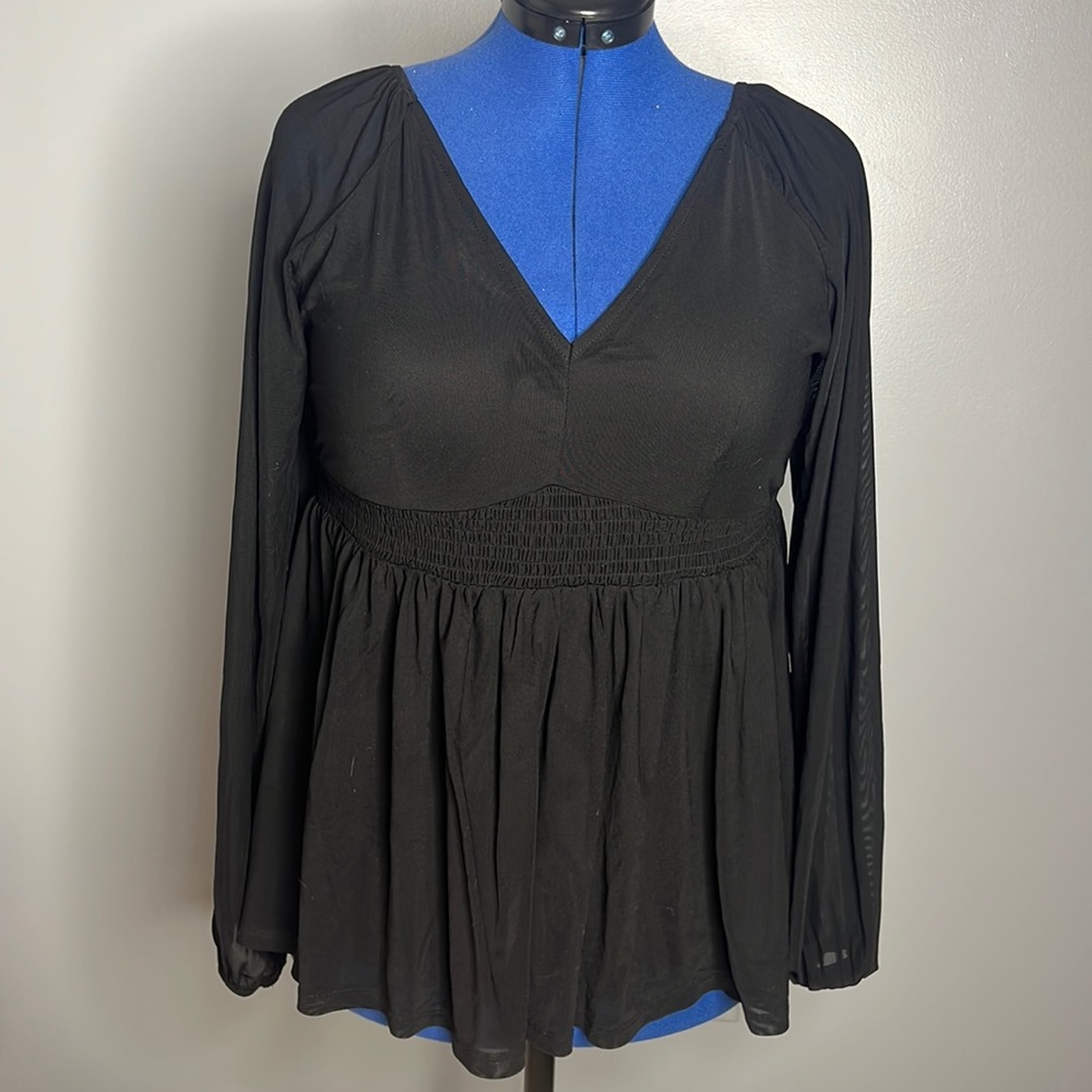 Stretch Mesh V-Neck Smocked Waist Babydoll Top